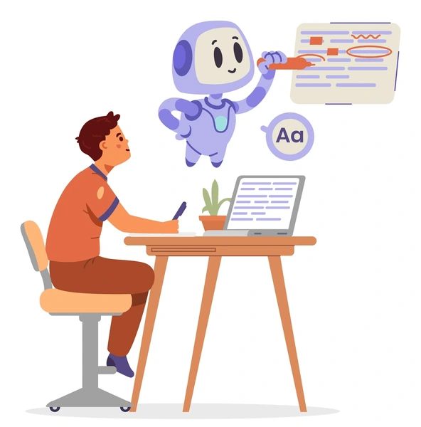 En la imagen se ve a una persona sentada frente a un escritorio, usando una computadora portátil. Al lado, hay un robot pequeño y simpático que flota en el aire y le está explicando algo, señalando una especie de pizarra con dibujos y texto(que quiere decir que le esta enseñando como utilizar las herramientas) El ambiente es moderno y parece que el robot está ayudando a la persona a entender o corregir algo relacionado con la escritura o el estudio